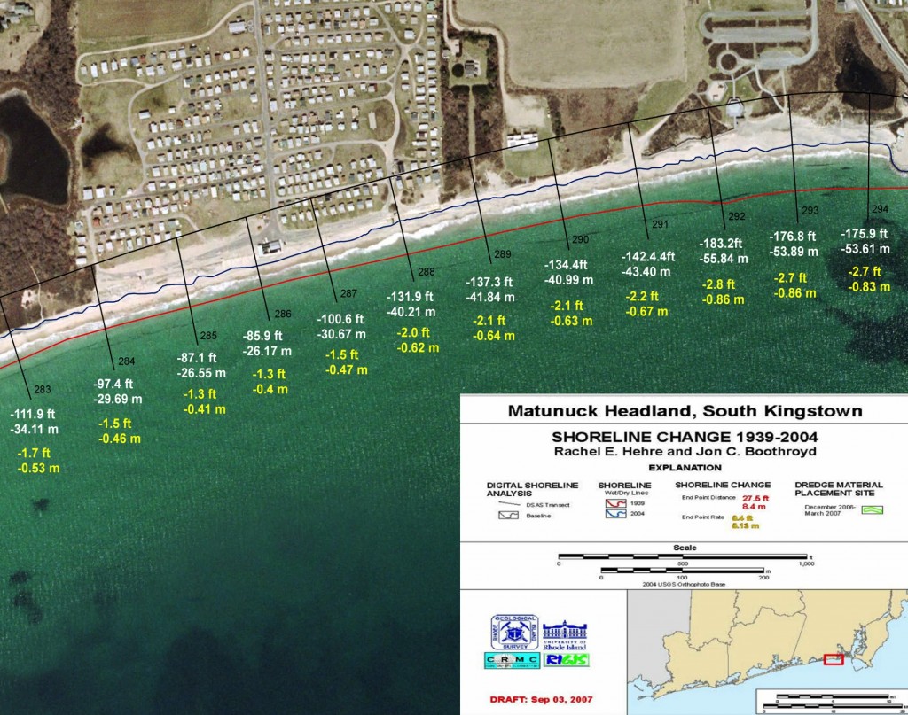 CRMC Shoreline Change Map for the Matunuck Headland in South Kingstown, R.I. Click for the full resolution.