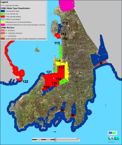 The CRMC Water Use map for the City of Newport, Rhode Island. The water use maps show the six different water types, or classifications, as determined by CRMC along Rhode Island’s coast. Maps for all of the coastal municipalities are at www.crmc.ri.gov/maps/maps_wateruse.html.
