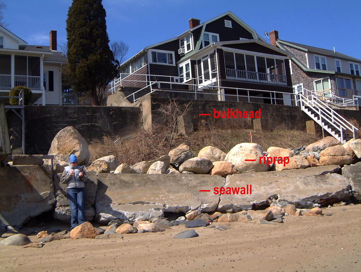 Shoreline protection structures in Rhode Island: a seawall, a riprap revetment, and a bulkhead.